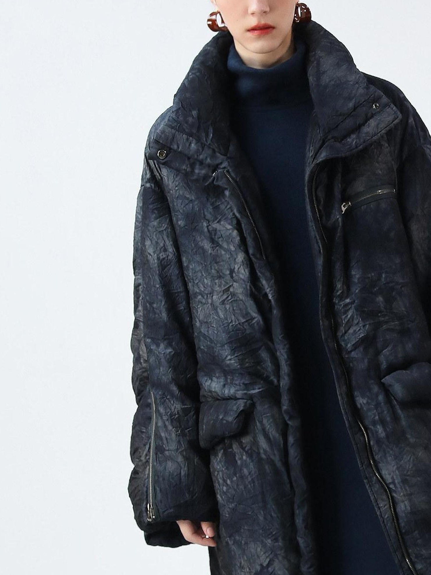 COCOBELLA 90% White Duck Down Straight Long Pleated Ink Blue Women City Down Jackets