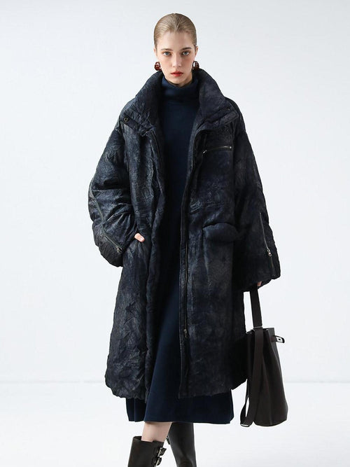 COCOBELLA 90% White Duck Down Straight Long Pleated Ink Blue Women City Down Jackets