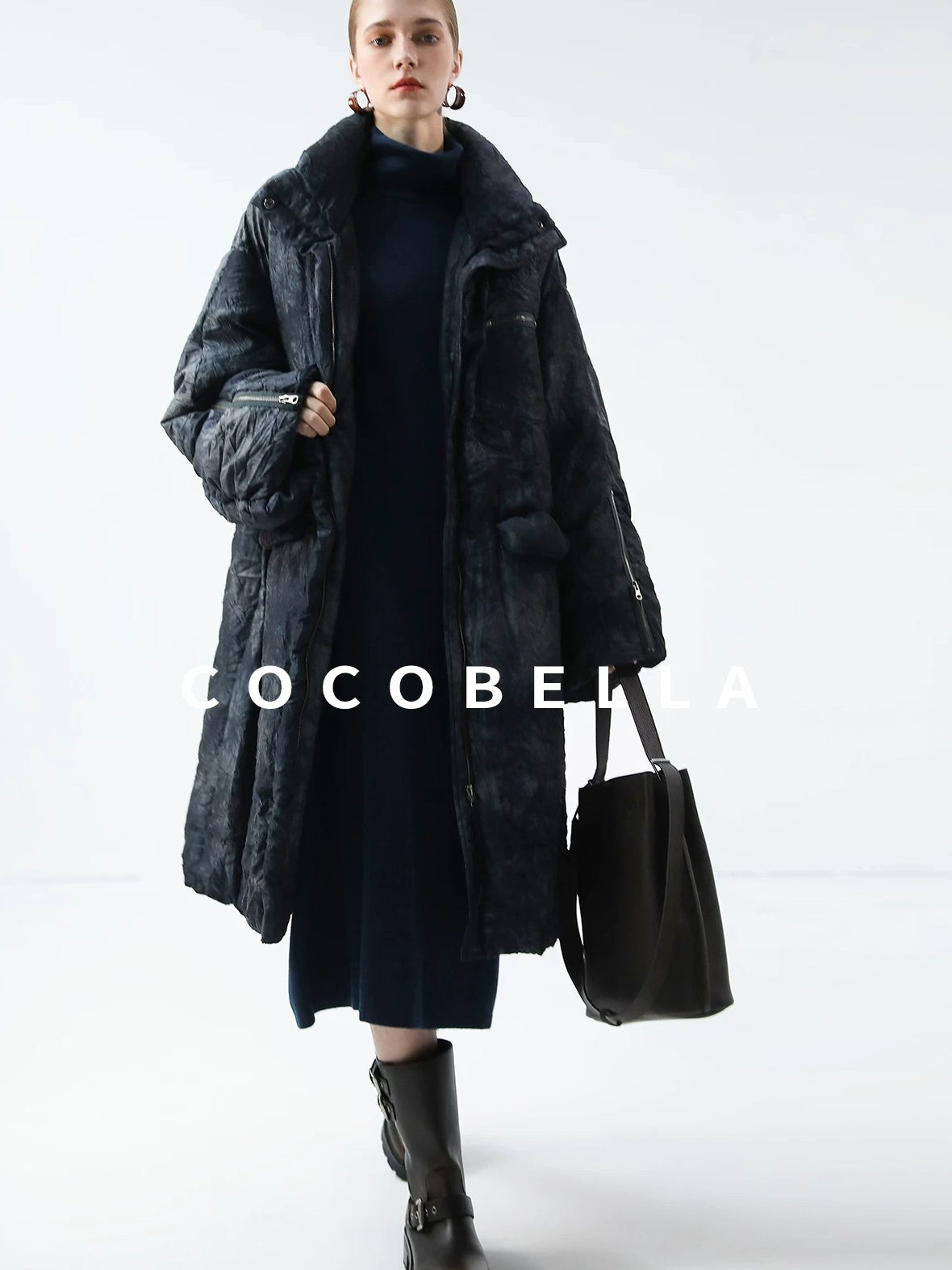 COCOBELLA 90% White Duck Down Straight Long Pleated Ink Blue Women City Down Jackets