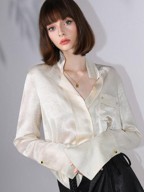 COCOBELLA Acetate Silk Finish Button Pleated Pocket Collared Long Sleeve Office Shirts