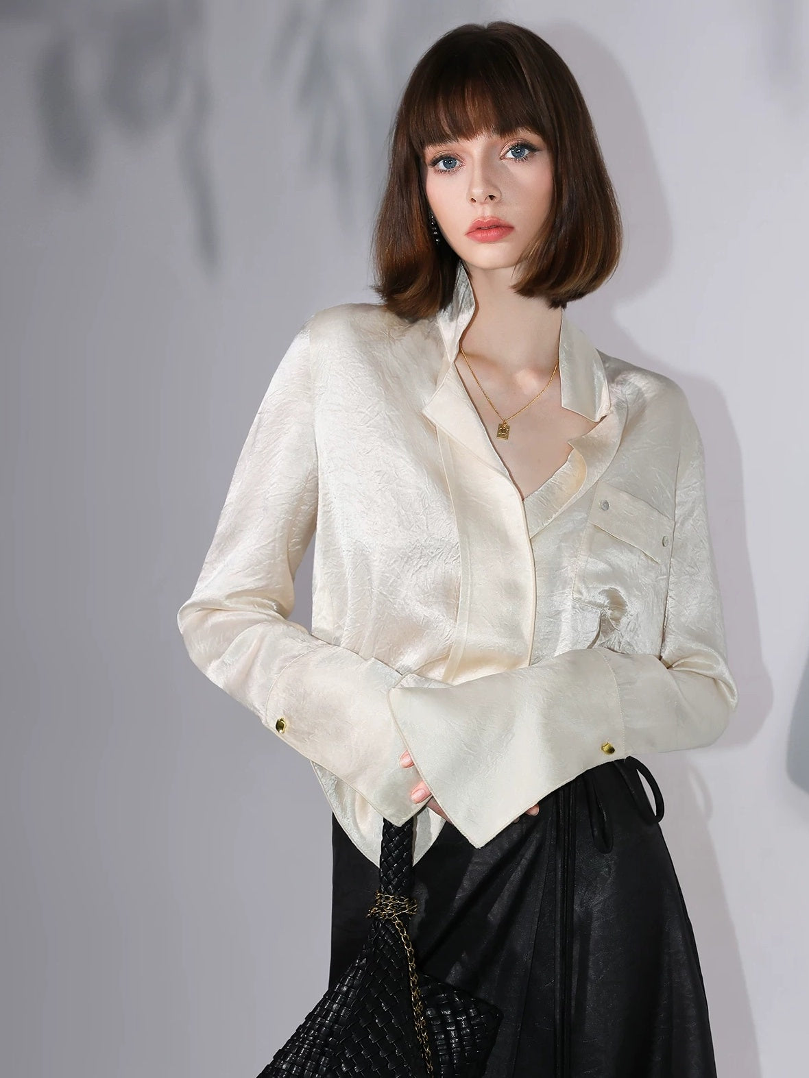 COCOBELLA Acetate Silk Finish Button Pleated Pocket Collared Long Sleeve Office Shirts