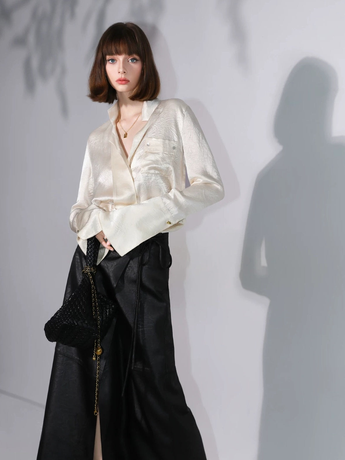 COCOBELLA Acetate Silk Finish Button Pleated Pocket Collared Long Sleeve Office Shirts