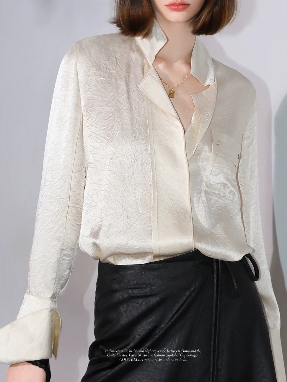COCOBELLA Acetate Silk Finish Button Pleated Pocket Collared Long Sleeve Office Shirts
