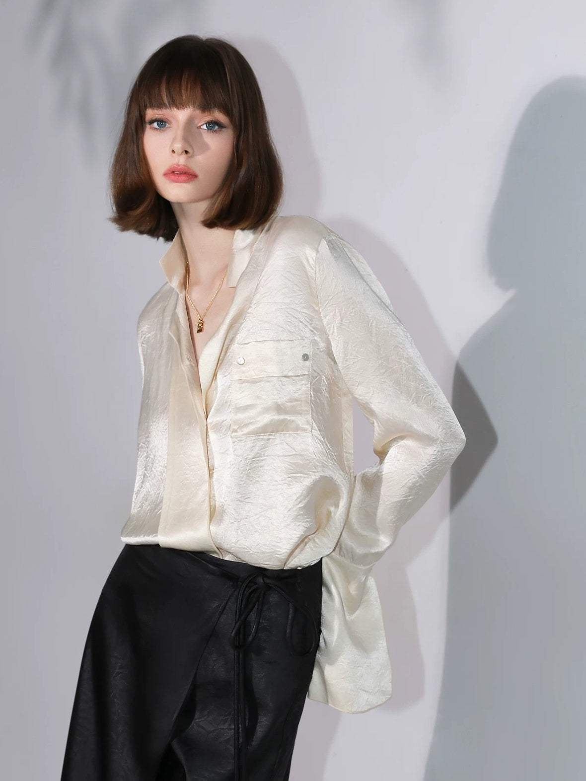 COCOBELLA Acetate Silk Finish Button Pleated Pocket Collared Long Sleeve Office Shirts