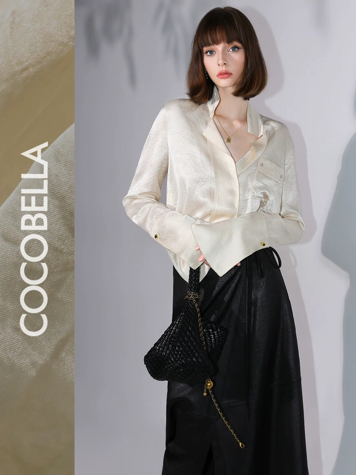 COCOBELLA Acetate Silk Finish Button Pleated Pocket Collared Long Sleeve Office Shirts