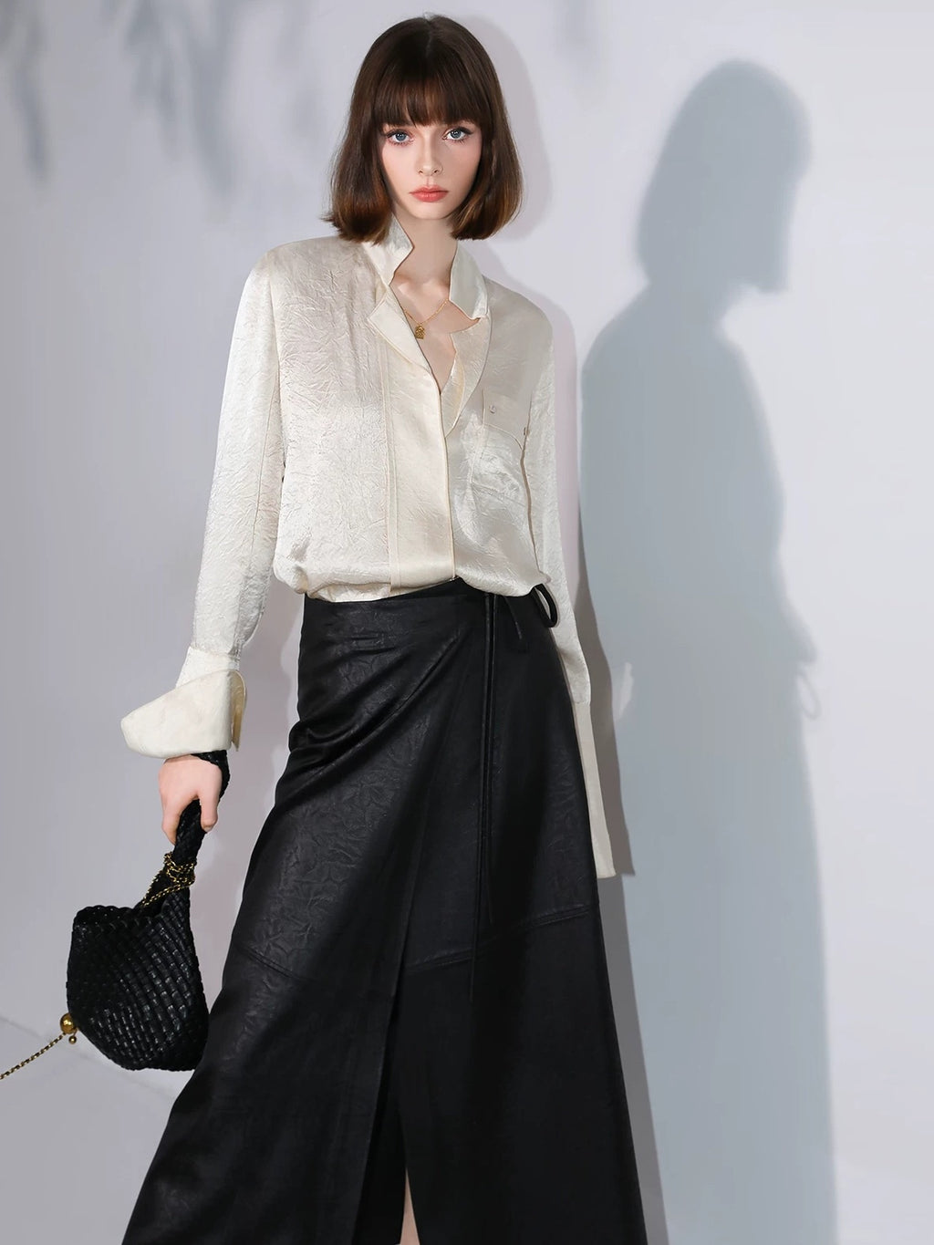 COCOBELLA Acetate Silk Finish Button Pleated Pocket Collared Long Sleeve Office Shirts