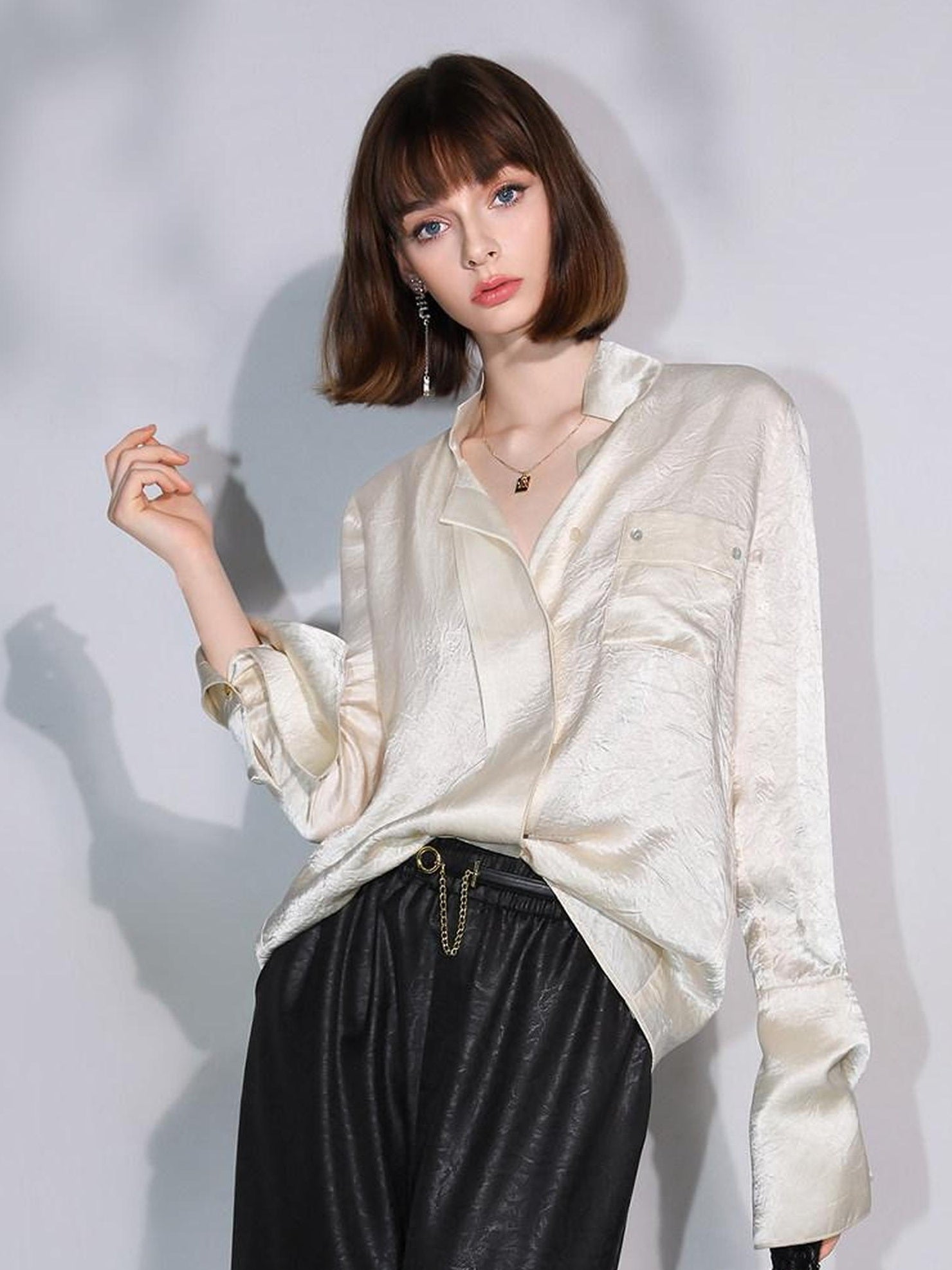 COCOBELLA Acetate Silk Finish Button Pleated Pocket Collared Long Sleeve Office Shirts