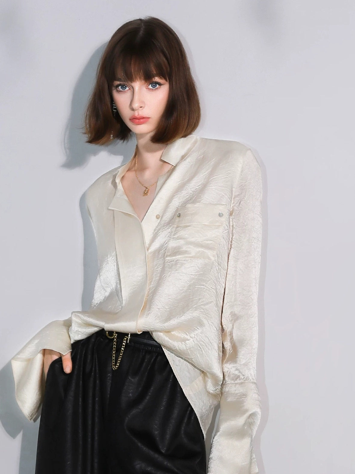 COCOBELLA Acetate Silk Finish Button Pleated Pocket Collared Long Sleeve Office Shirts