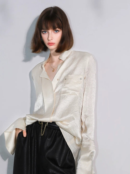COCOBELLA Acetate Silk Finish Button Pleated Pocket Collared Long Sleeve Office Shirts