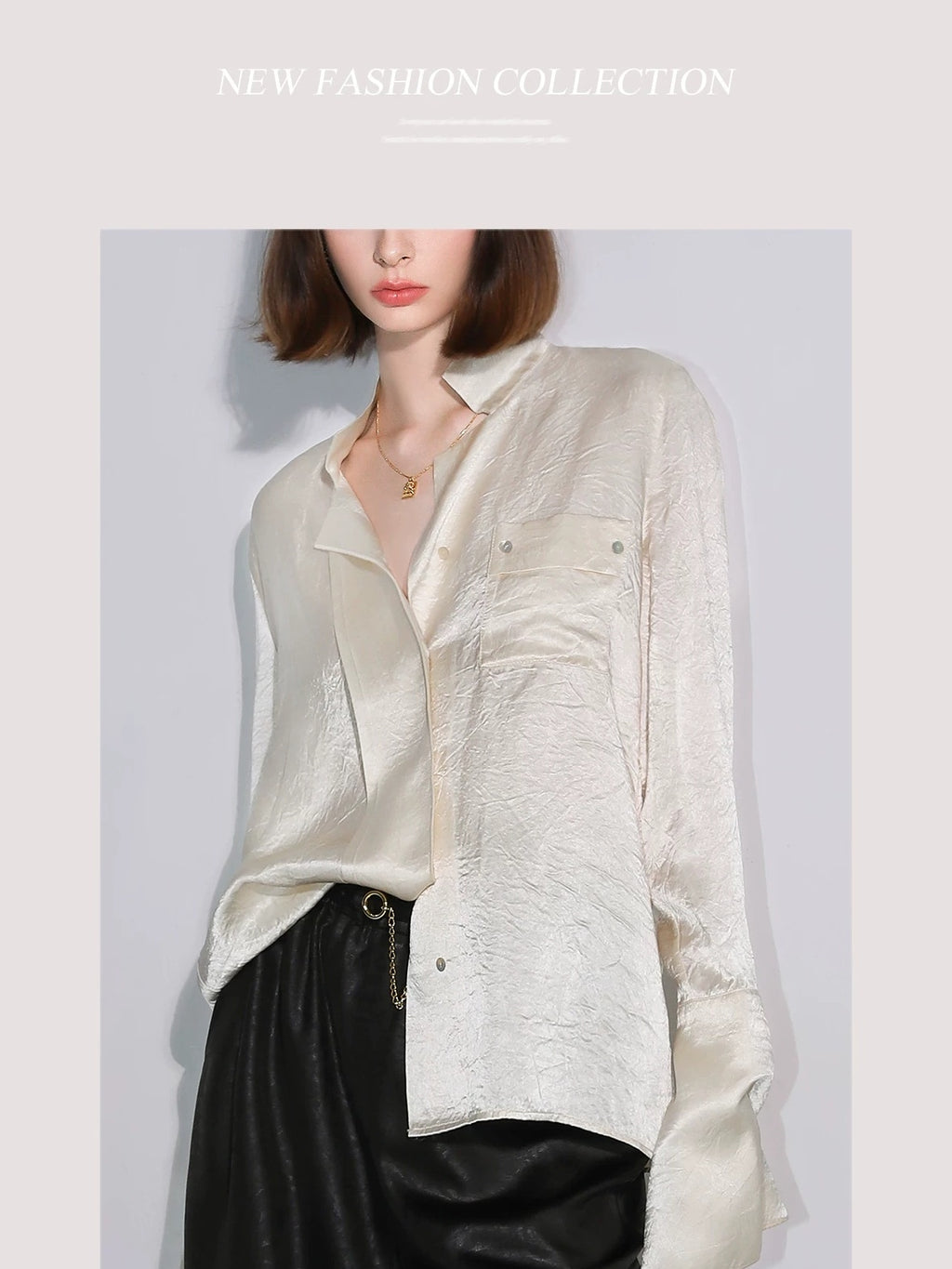 COCOBELLA Acetate Silk Finish Button Pleated Pocket Collared Long Sleeve Office Shirts