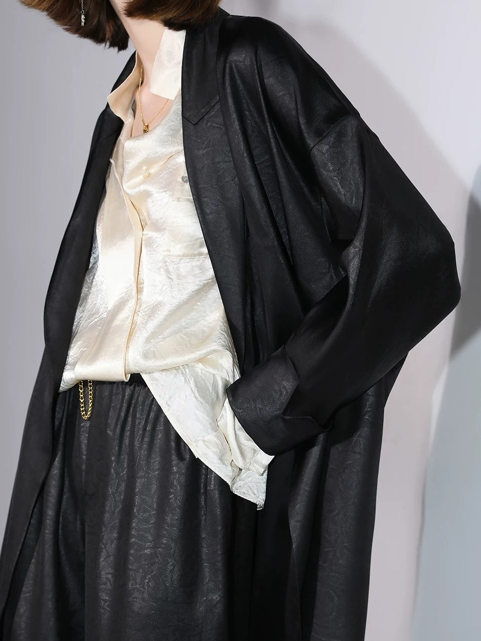 COCOBELLA Acetate Silk Finish Button Pleated Pocket Collared Long Sleeve Office Shirts