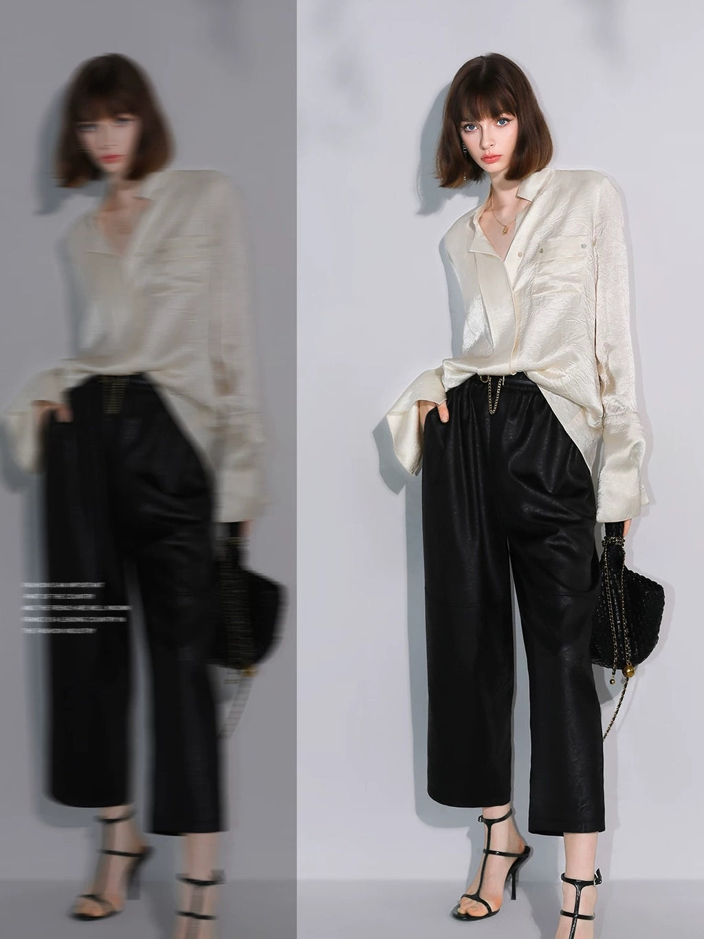 COCOBELLA Acetate Silk Finish Button Pleated Pocket Collared Long Sleeve Office Shirts