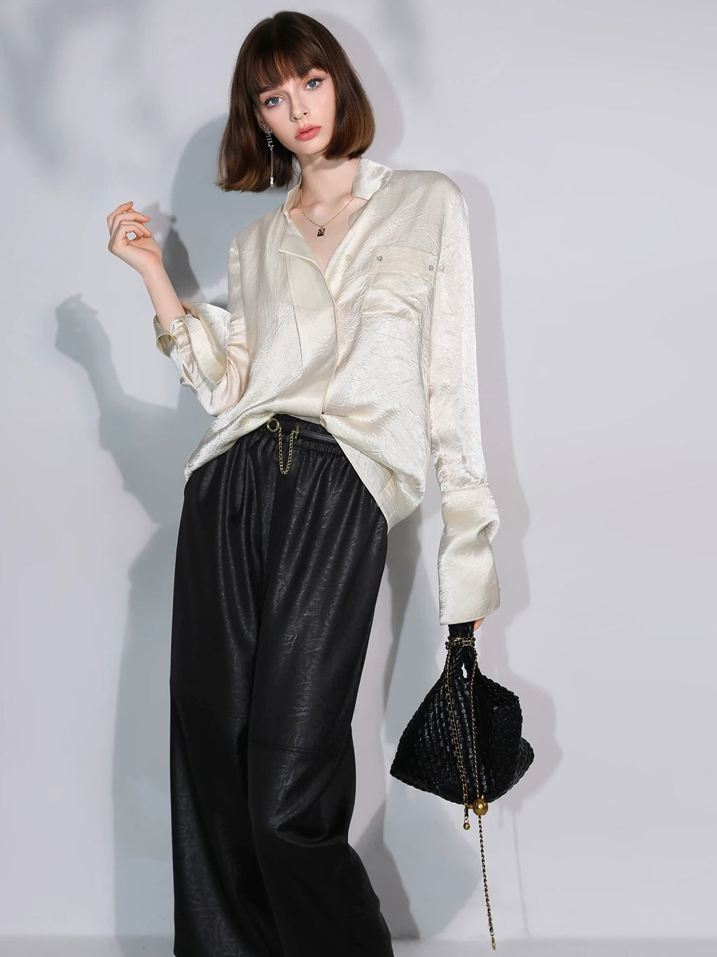 COCOBELLA Acetate Silk Finish Button Pleated Pocket Collared Long Sleeve Office Shirts