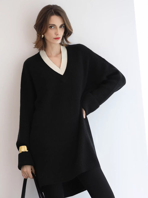COCOBELLA_Acrylic_Blend_V_Neck_Spliced_Straight_Long_Sleeve_Loose_Office_Black_Dresses_MISSTT