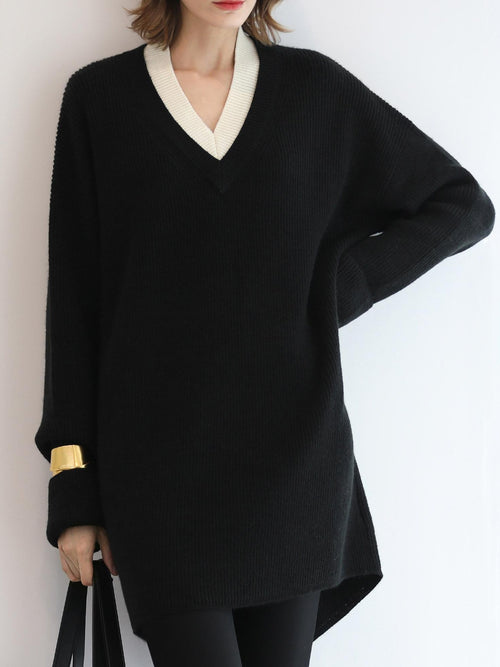 COCOBELLA Acrylic Blend V Neck Spliced Straight Long Sleeve Loose Office Black Dresses