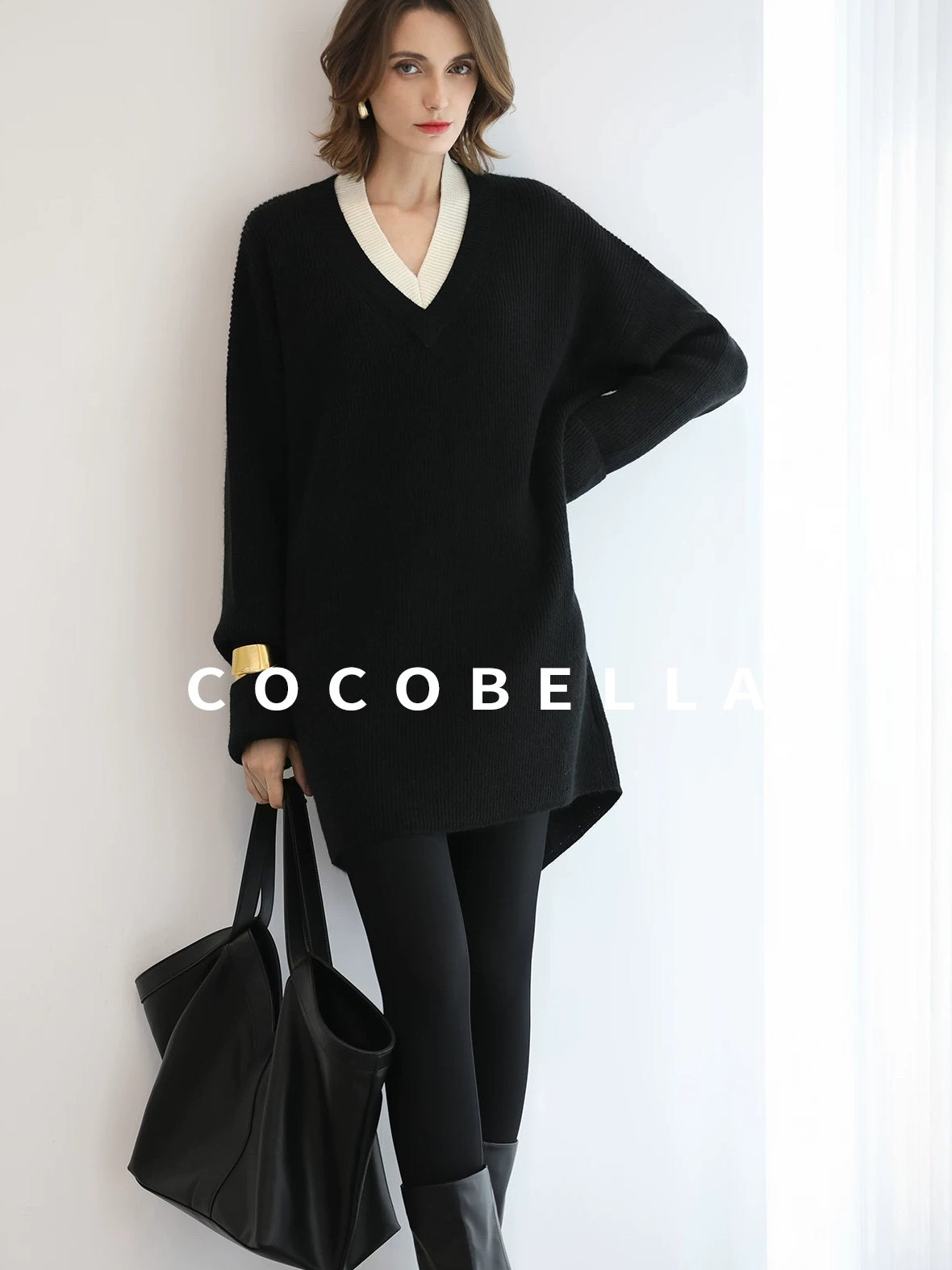 COCOBELLA Acrylic Blend V Neck Spliced Straight Long Sleeve Loose Office Black Dresses