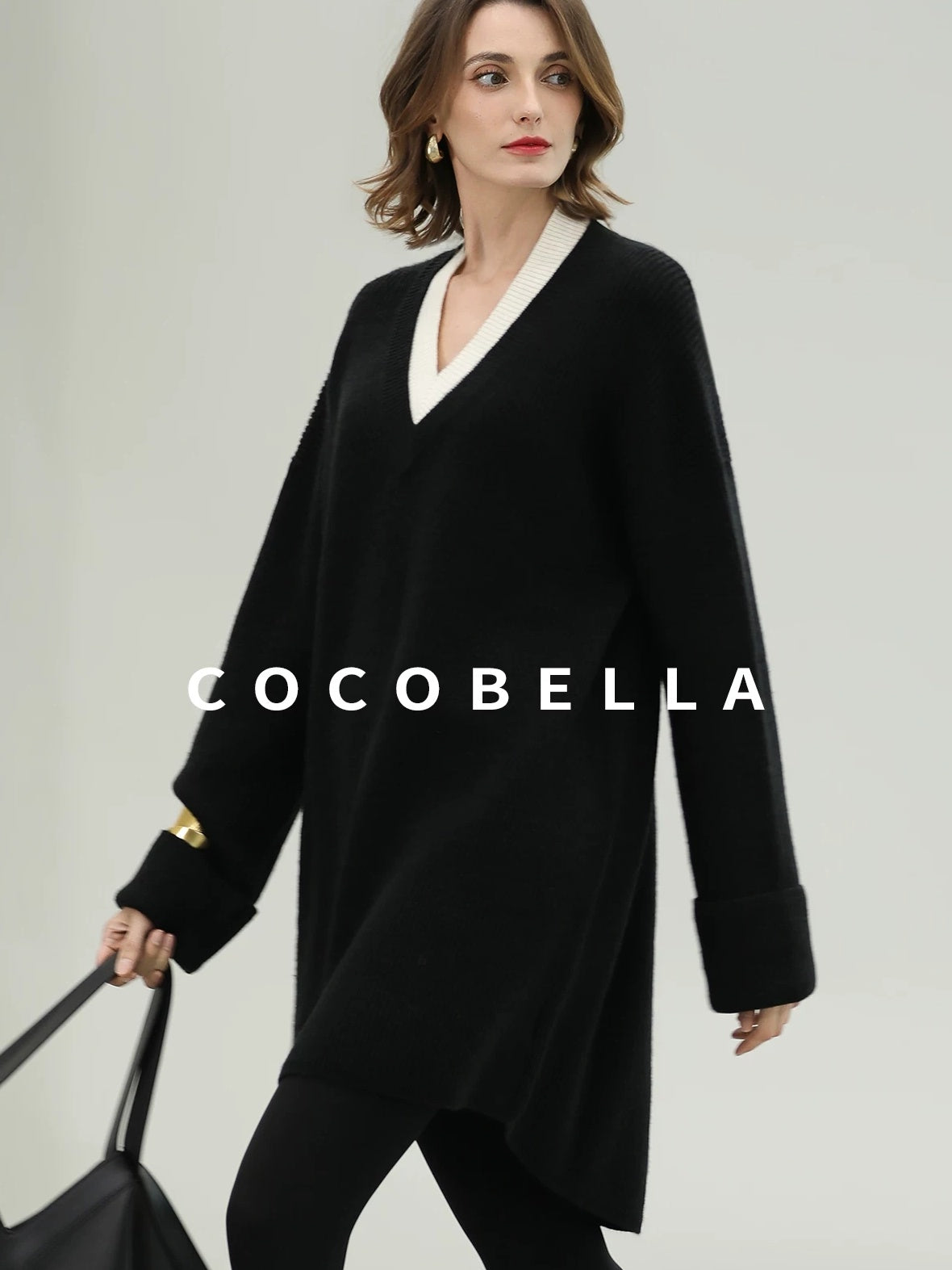 COCOBELLA Acrylic Blend V Neck Spliced Straight Long Sleeve Loose Office Black Dresses