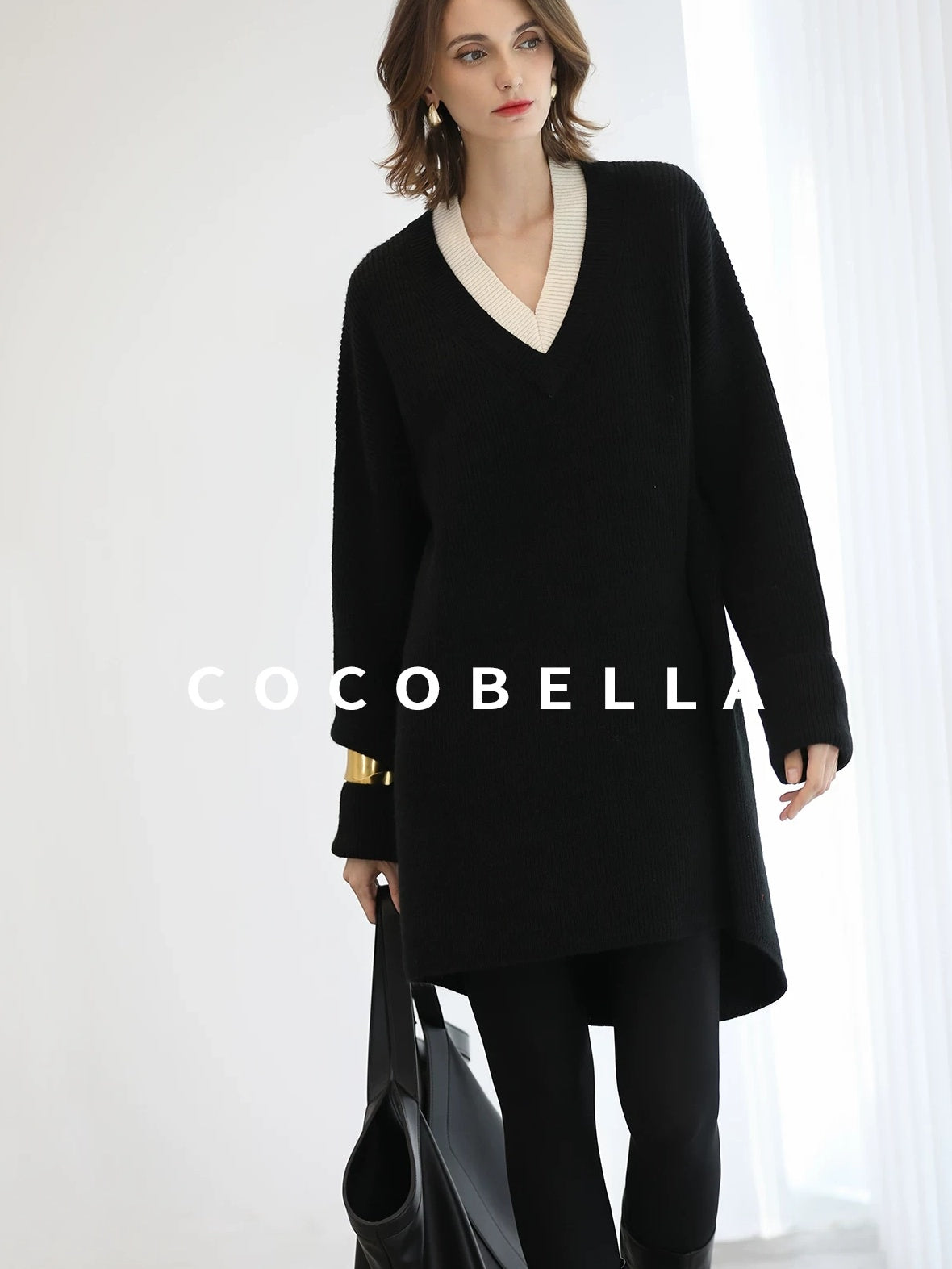COCOBELLA Acrylic Blend V Neck Spliced Straight Long Sleeve Loose Office Black Dresses