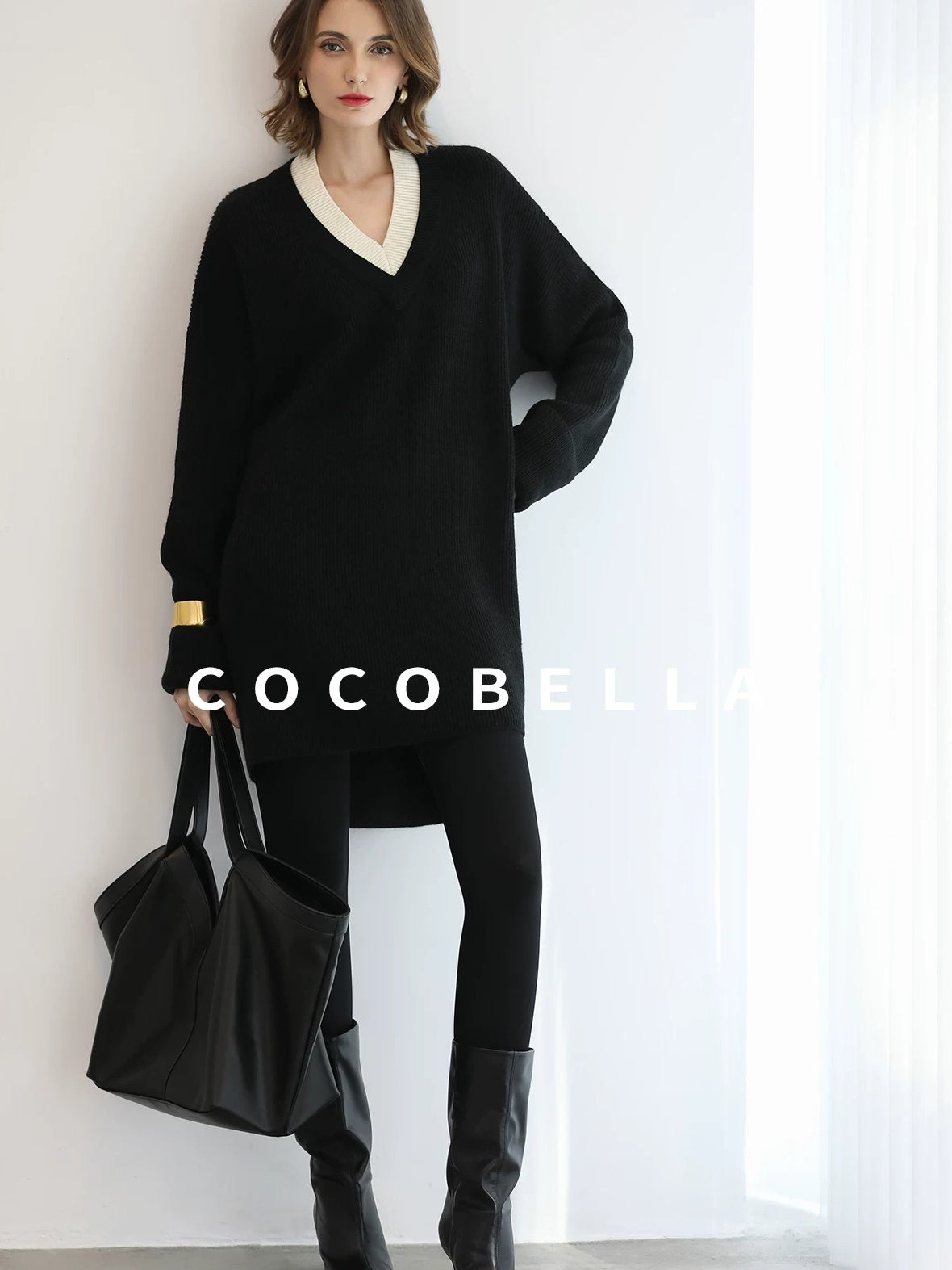 COCOBELLA Acrylic Blend V Neck Spliced Straight Long Sleeve Loose Office Black Dresses