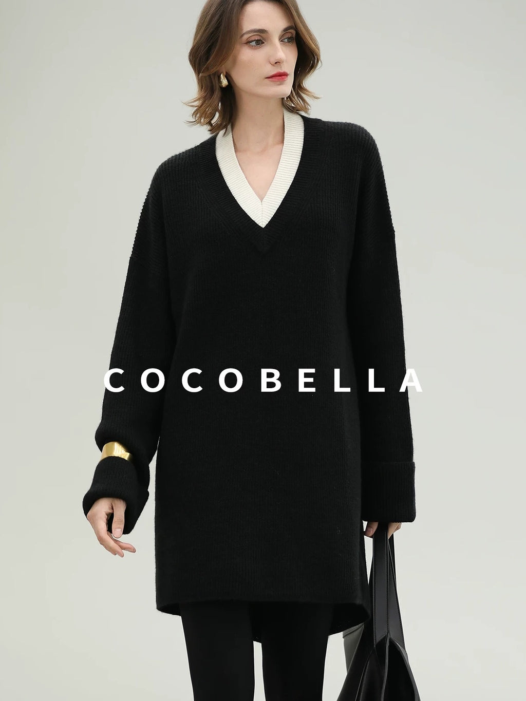 COCOBELLA Acrylic Blend V Neck Spliced Straight Long Sleeve Loose Office Black Dresses