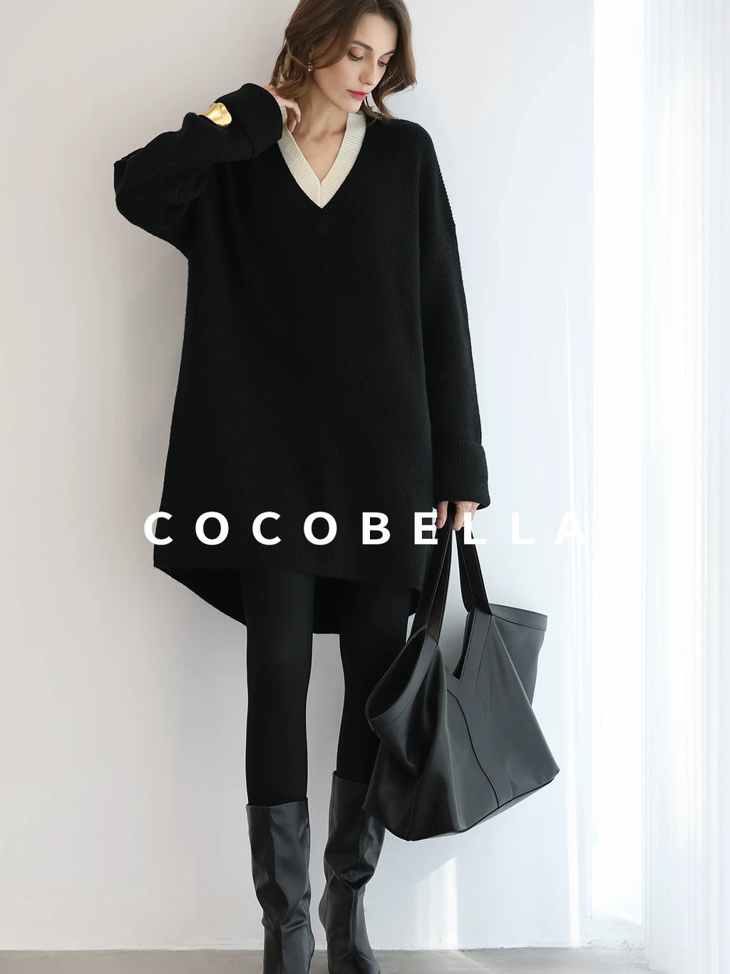 COCOBELLA Acrylic Blend V Neck Spliced Straight Long Sleeve Loose Office Black Dresses