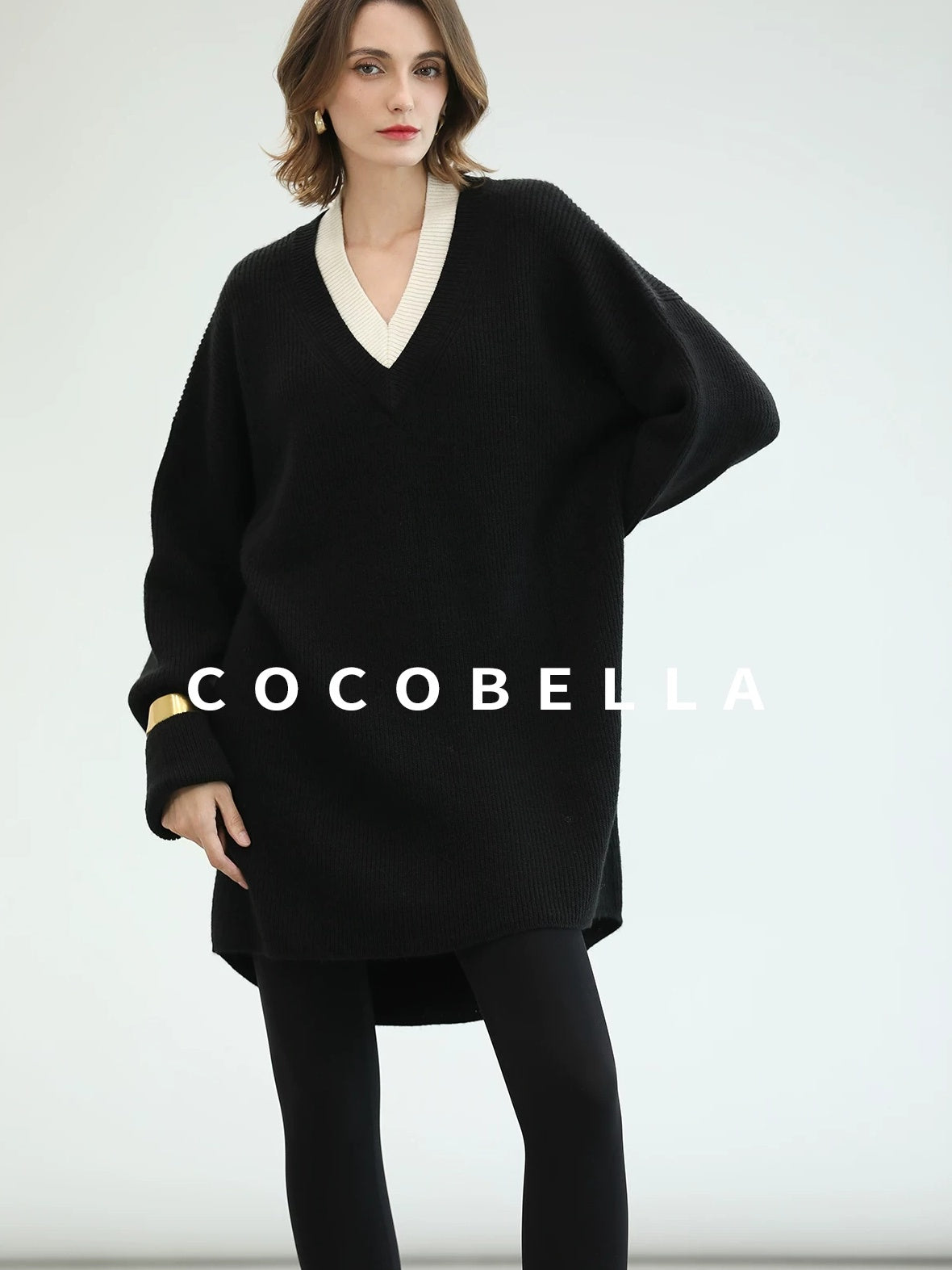 COCOBELLA Acrylic Blend V Neck Spliced Straight Long Sleeve Loose Office Black Dresses