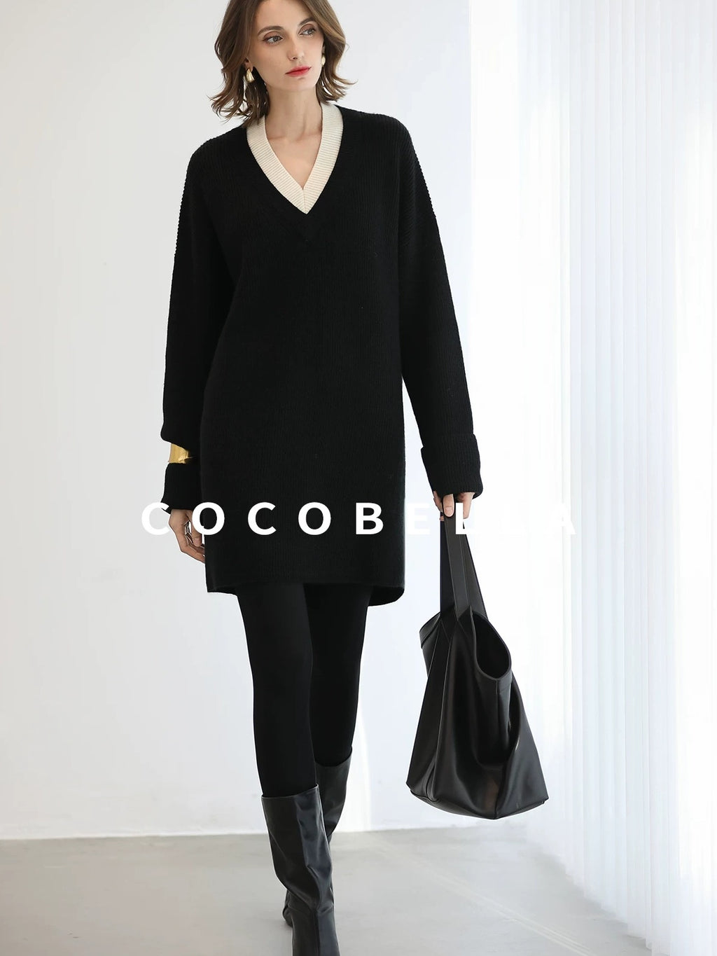 COCOBELLA Acrylic Blend V Neck Spliced Straight Long Sleeve Loose Office Black Dresses