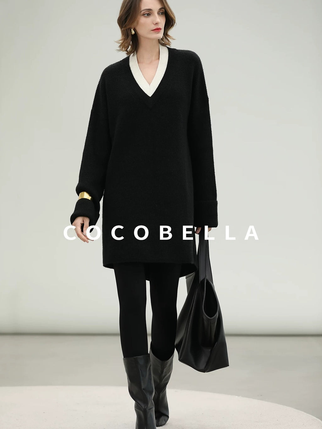 COCOBELLA Acrylic Blend V Neck Spliced Straight Long Sleeve Loose Office Black Dresses
