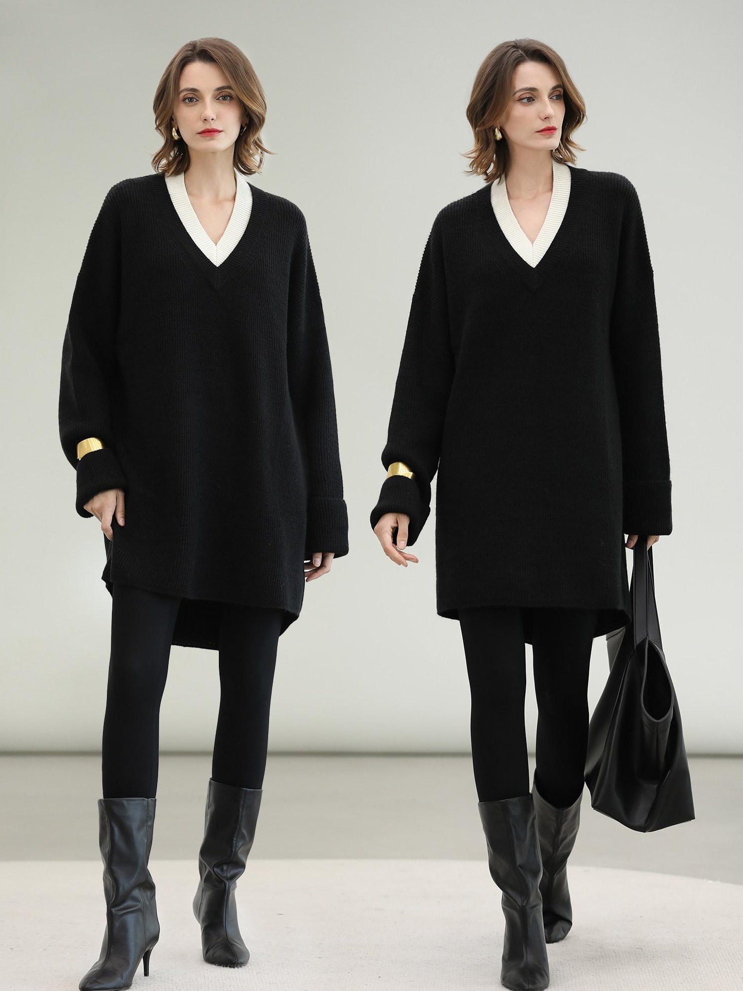 COCOBELLA Acrylic Blend V Neck Spliced Straight Long Sleeve Loose Office Black Dresses