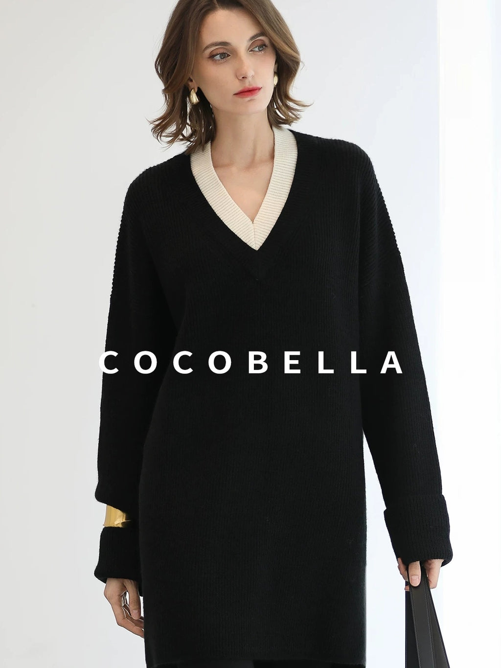 COCOBELLA Acrylic Blend V Neck Spliced Straight Long Sleeve Loose Office Black Dresses