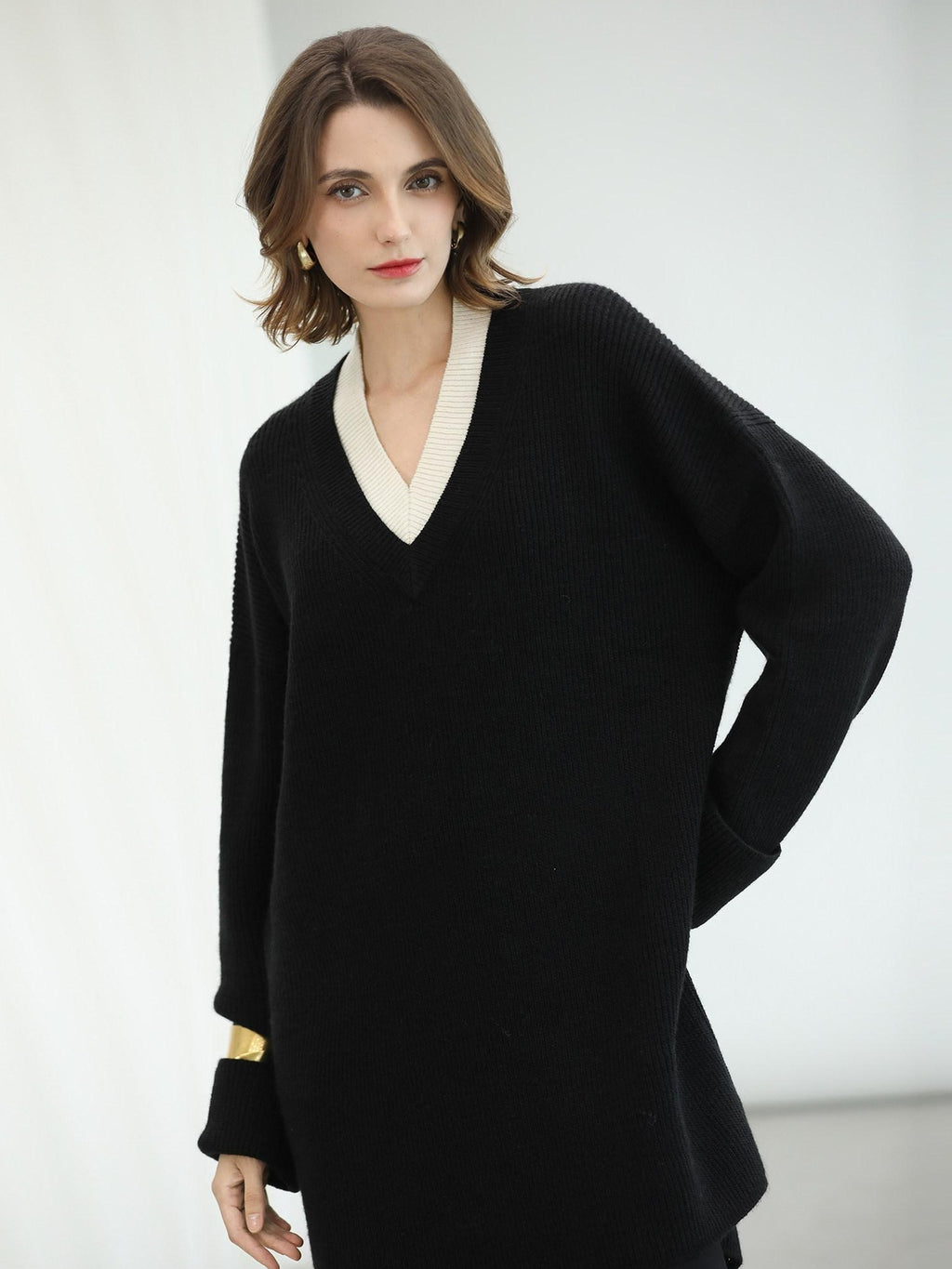 COCOBELLA Acrylic Blend V Neck Spliced Straight Long Sleeve Loose Office Black Dresses