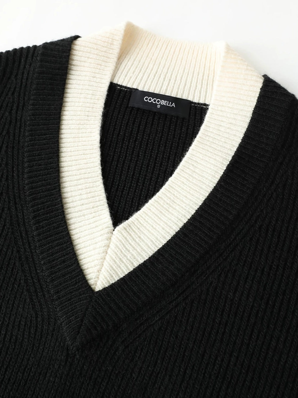 COCOBELLA Acrylic Blend V Neck Spliced Straight Long Sleeve Loose Office Black Dresses