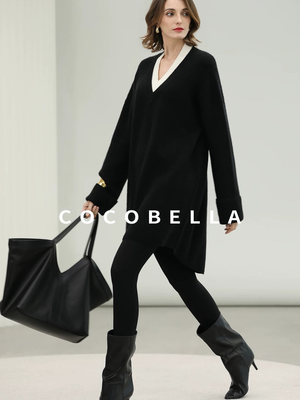 COCOBELLA Acrylic Blend V Neck Spliced Straight Long Sleeve Loose Office Black Dresses