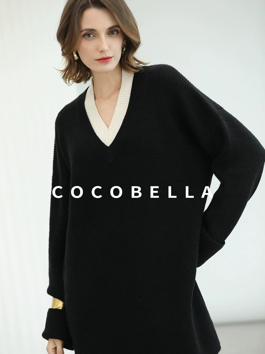 COCOBELLA Acrylic Blend V Neck Spliced Straight Long Sleeve Loose Office Black Dresses