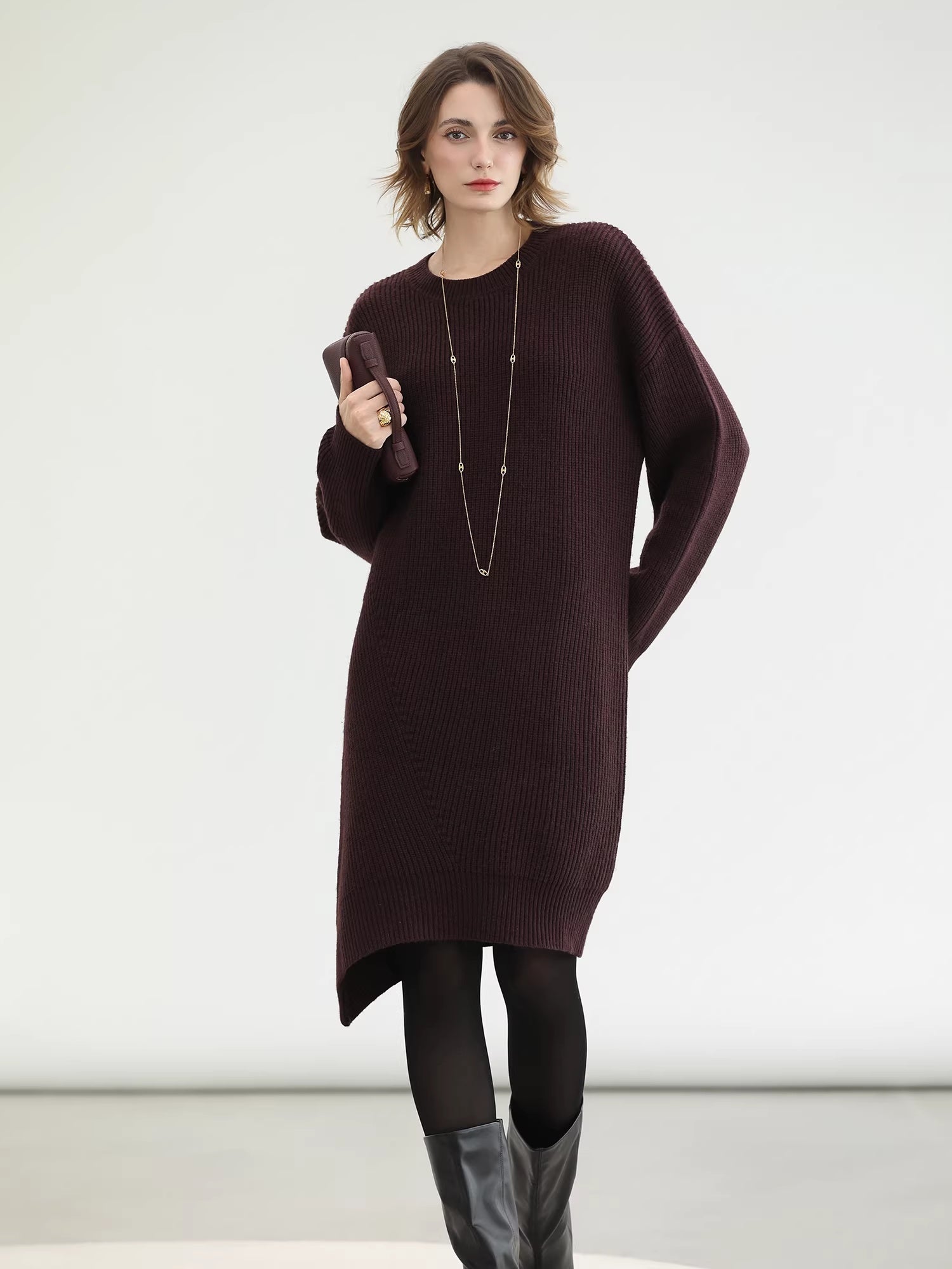 COCOBELLA_Acrylic_Knit_Asymmetric_Drop_Shoulder_H_Shaped_Straight_Work_Dresses_MISSTT
