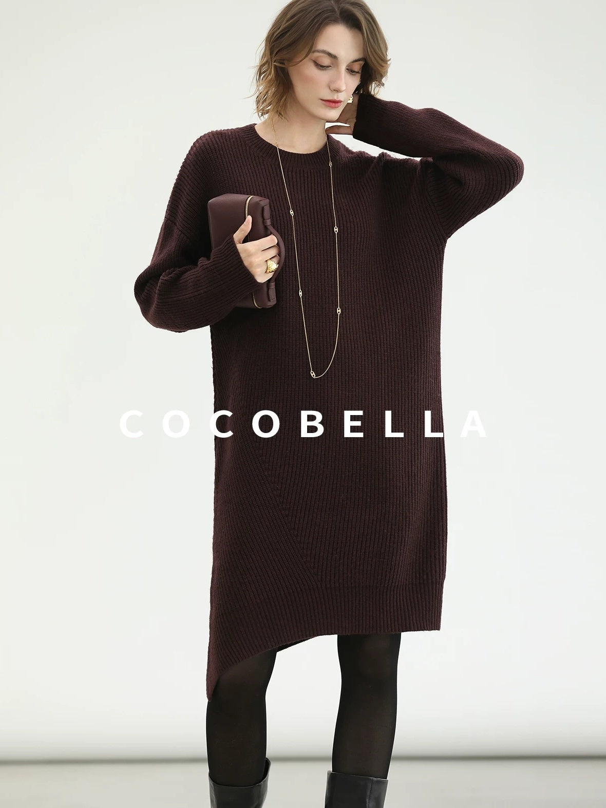 COCOBELLA Acrylic Knit Asymmetric Drop Shoulder H Shaped Straight Work Dresses
