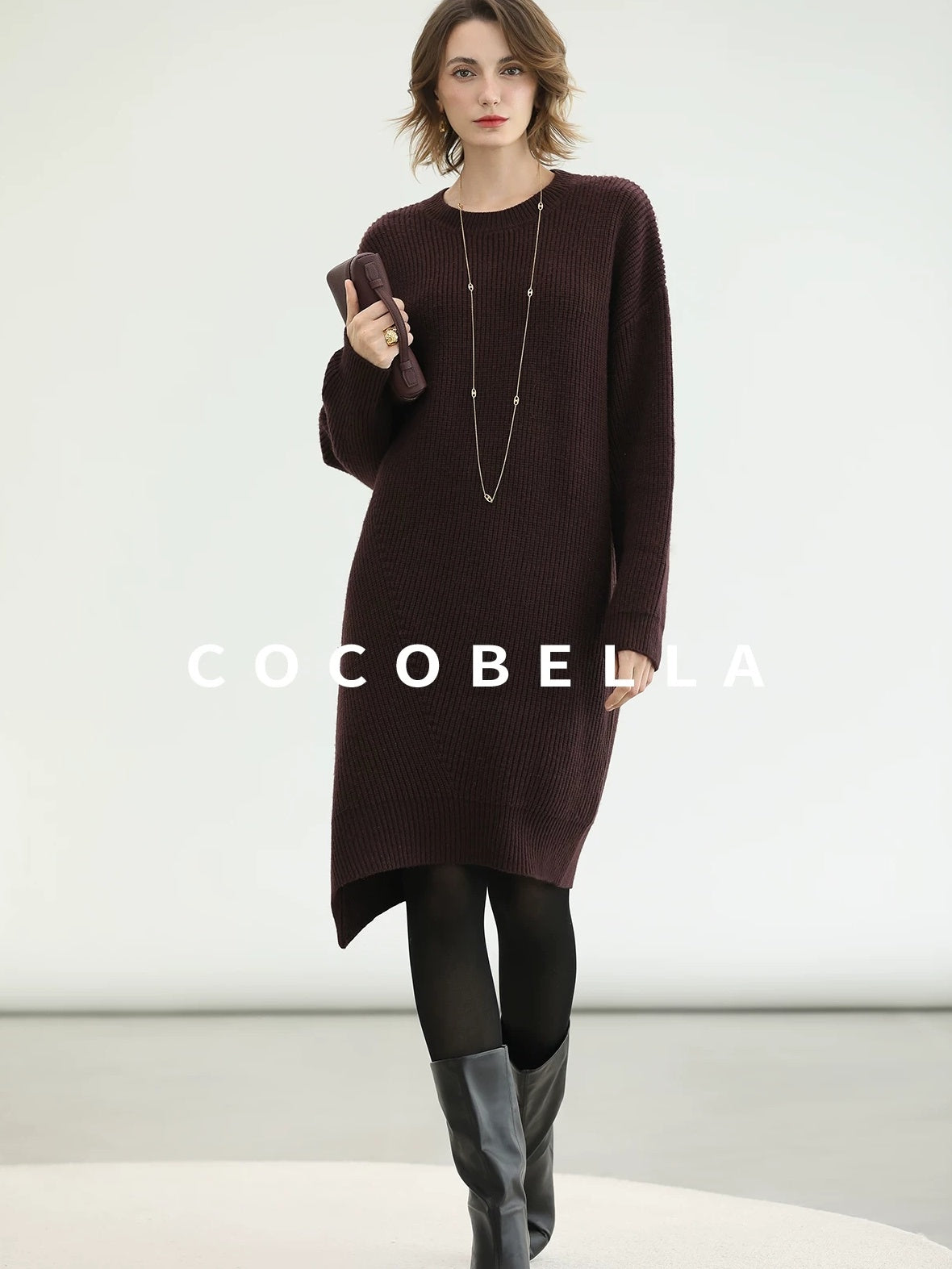 COCOBELLA Acrylic Knit Asymmetric Drop Shoulder H Shaped Straight Work Dresses
