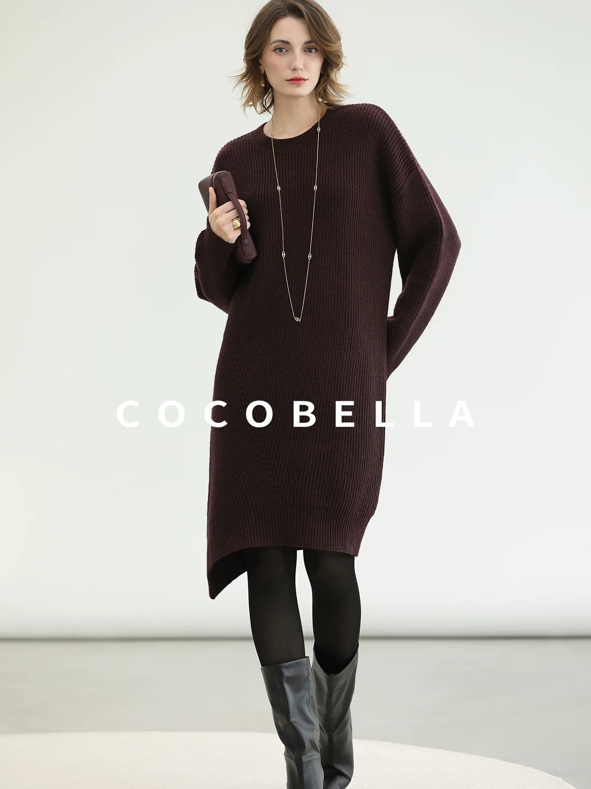 COCOBELLA Acrylic Knit Asymmetric Drop Shoulder H Shaped Straight Work Dresses