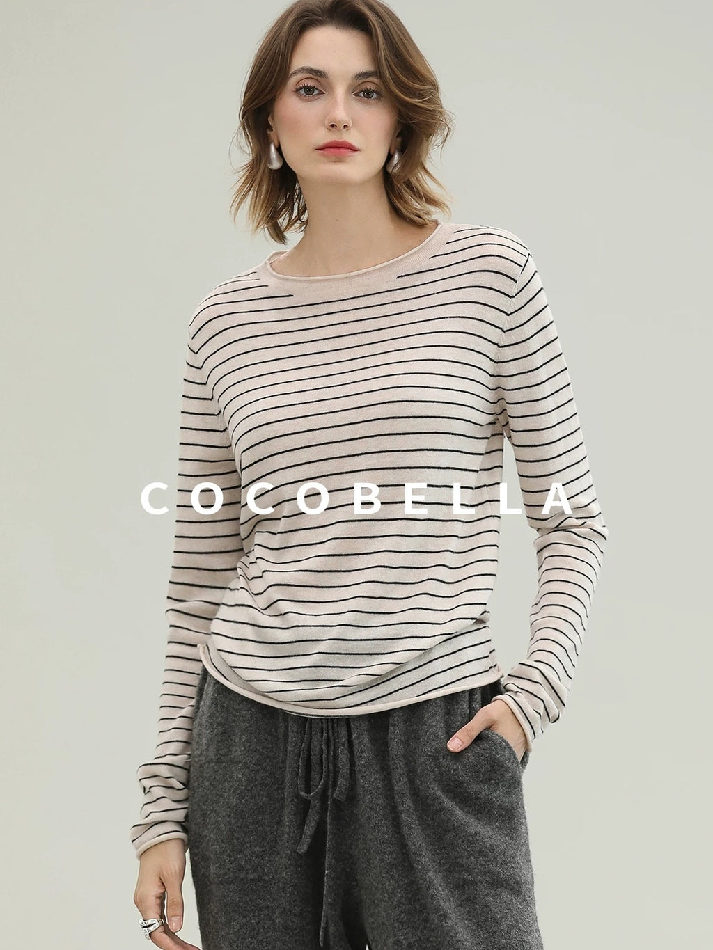 COCOBELLA Acrylic Wool Blend Stripe Straight Fit Minimalist Workday Women Knit Sweater