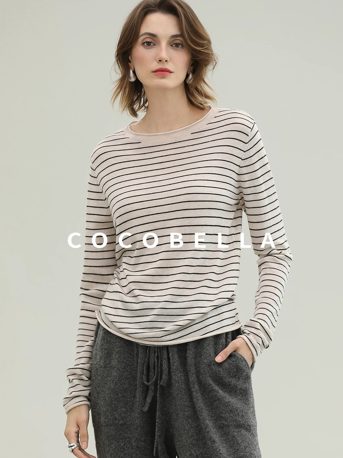 COCOBELLA Acrylic Wool Blend Stripe Straight Fit Minimalist Workday Women Knit Sweater