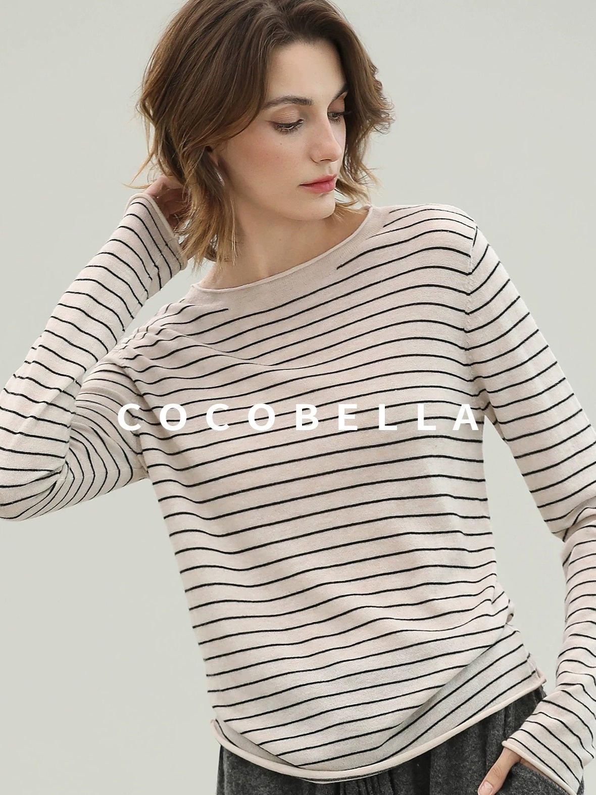 COCOBELLA Acrylic Wool Blend Stripe Straight Fit Minimalist Workday Women Knit Sweater
