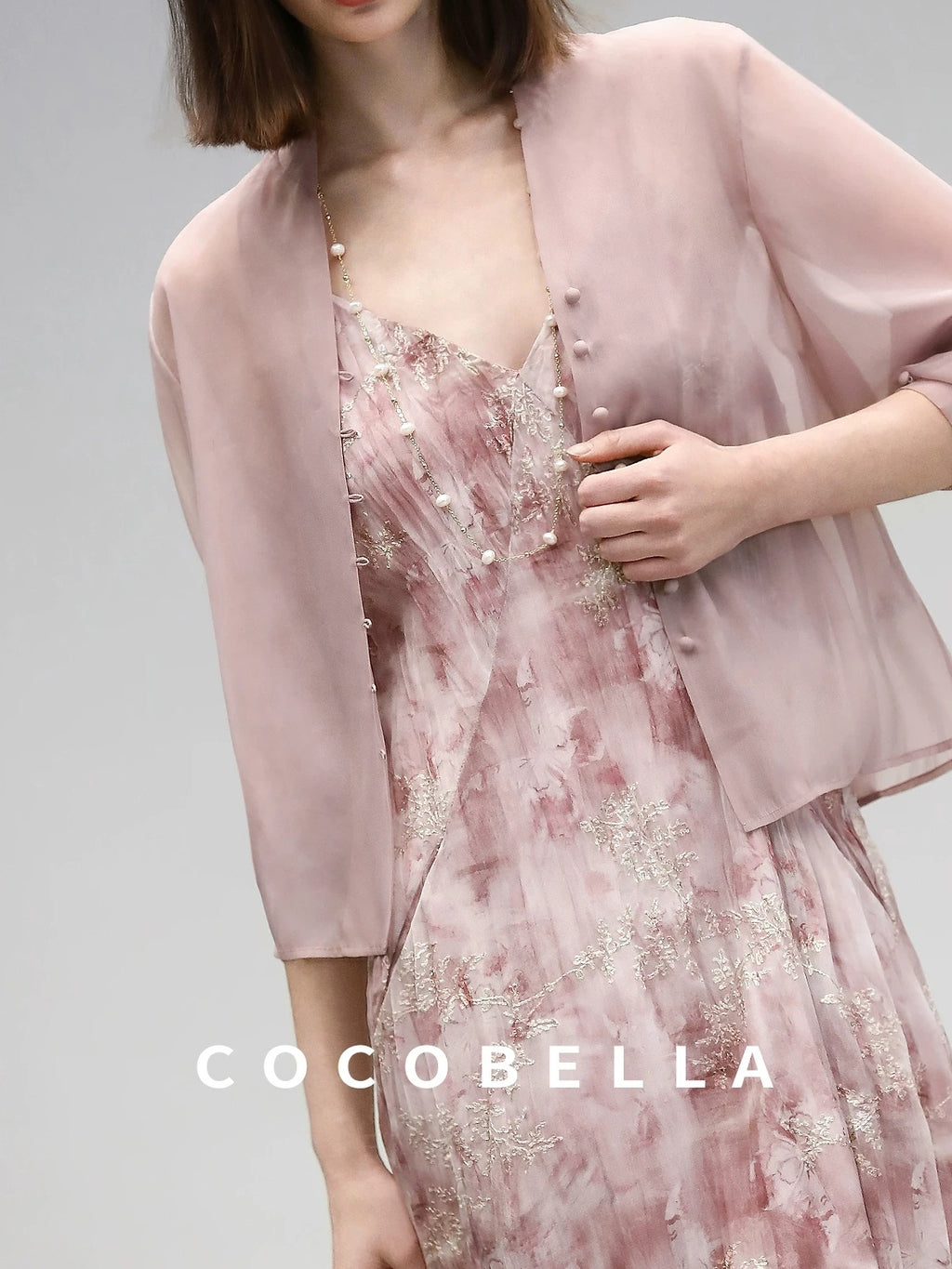 COCOBELLA Adjustable Straps Embroidered A Line V Neck Slip Dress Misty Rose Travel Dresses