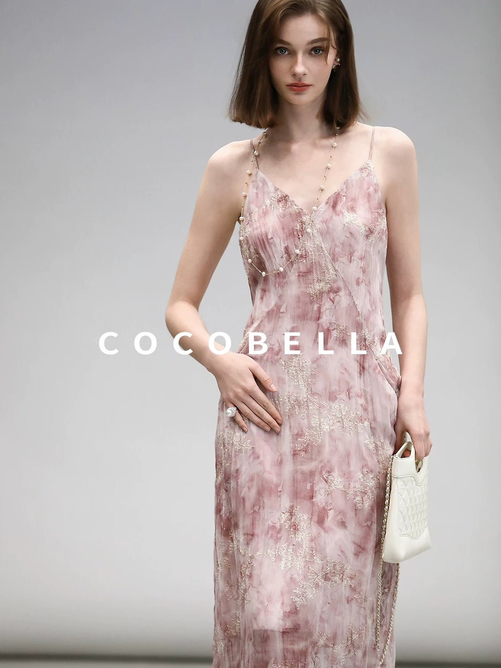 COCOBELLA Adjustable Straps Embroidered A Line V Neck Slip Dress Misty Rose Travel Dresses