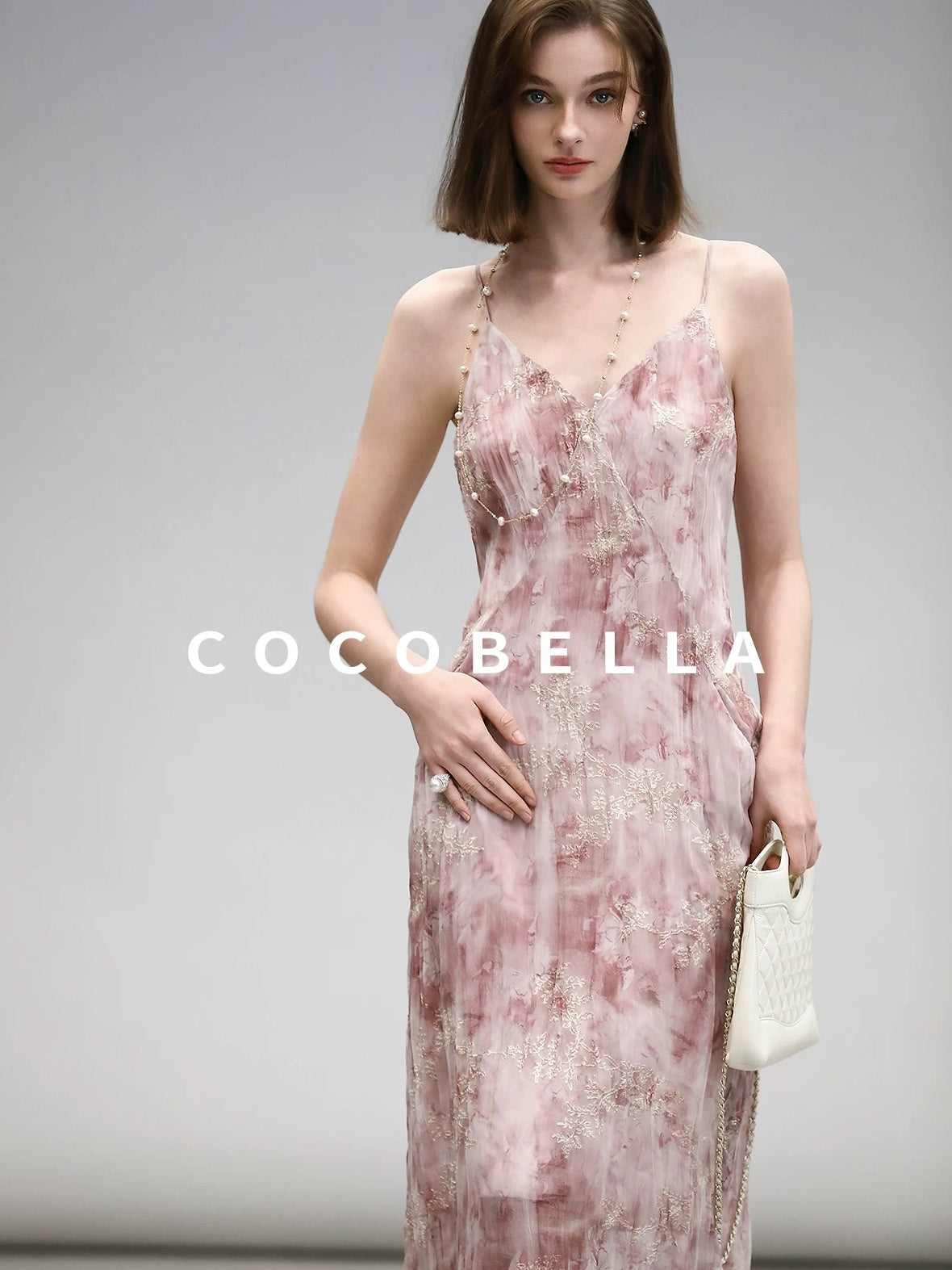 COCOBELLA Adjustable Straps Embroidered A Line V Neck Slip Dress Misty Rose Travel Dresses