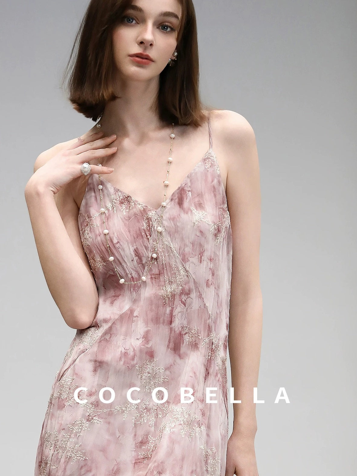 COCOBELLA Adjustable Straps Embroidered A Line V Neck Slip Dress Misty Rose Travel Dresses