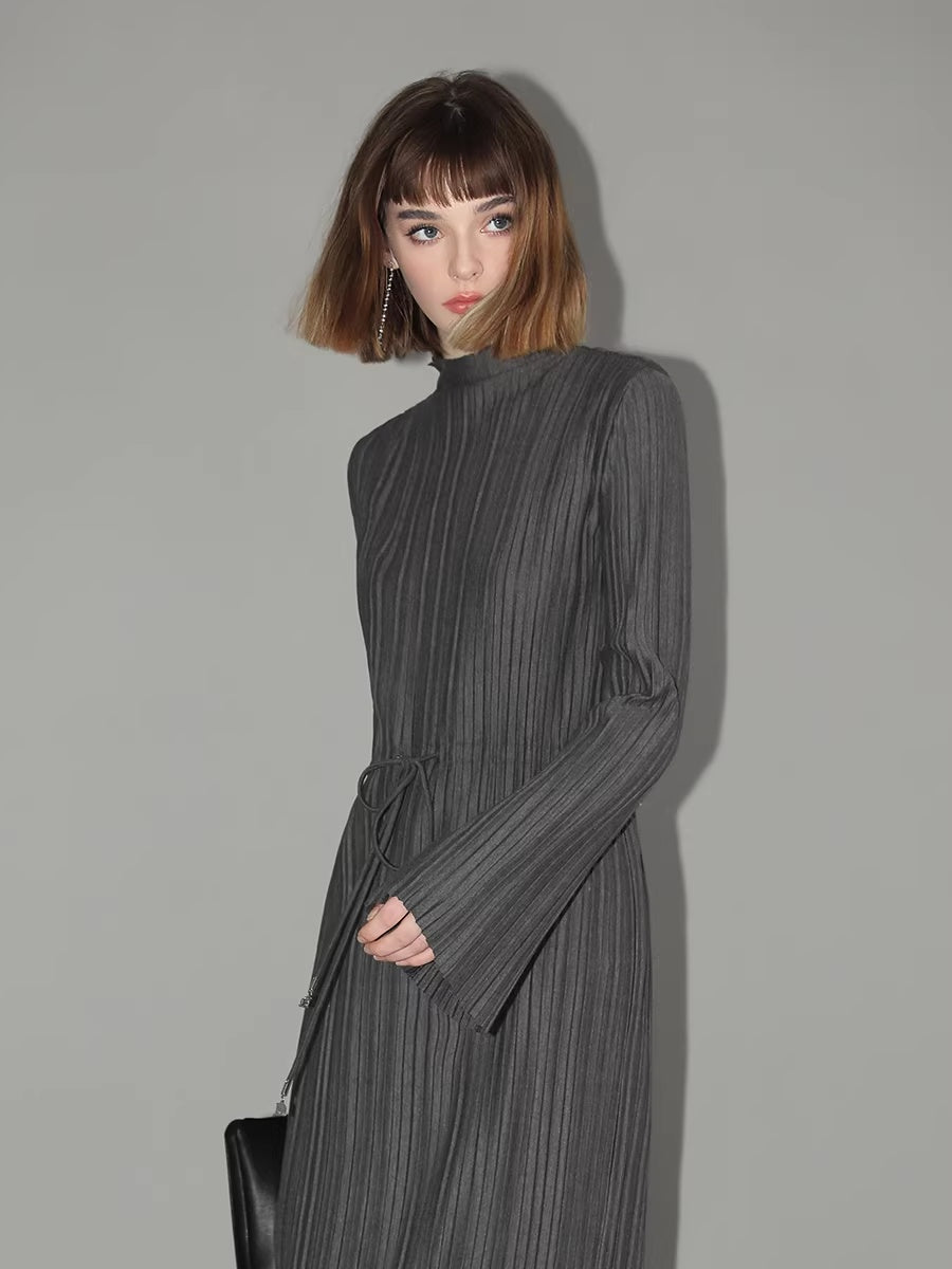 COCOBELLA_Adjustable_Waist_Tie_Mock_Neck_Pleated_Slim_Fit_Long_Sleeve_Office_Dresses_MISSTT