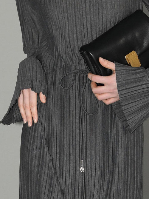 COCOBELLA Adjustable Waist Tie Mock Neck Pleated Slim Fit Long Sleeve Office Dresses