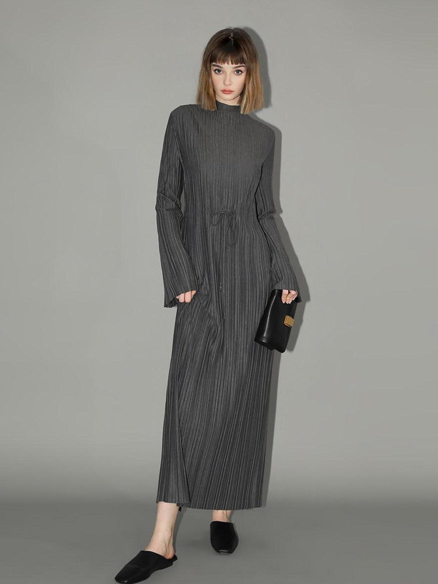 COCOBELLA Adjustable Waist Tie Mock Neck Pleated Slim Fit Long Sleeve Office Dresses