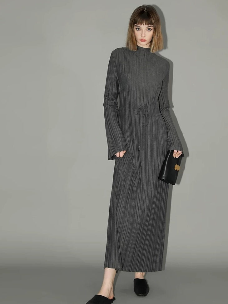 COCOBELLA Adjustable Waist Tie Mock Neck Pleated Slim Fit Long Sleeve Office Dresses