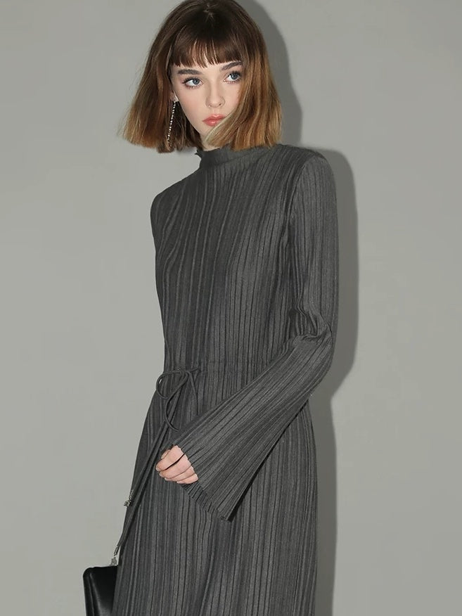 COCOBELLA Adjustable Waist Tie Mock Neck Pleated Slim Fit Long Sleeve Office Dresses